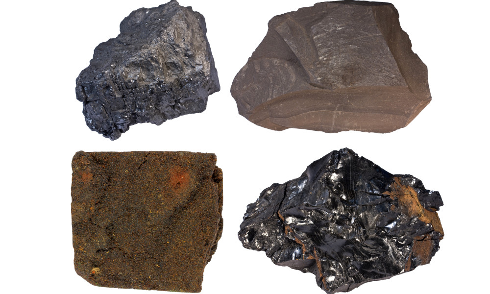 Fossil fuels bituminous coal (upper left), oil shale, tar sand, and anthracite.