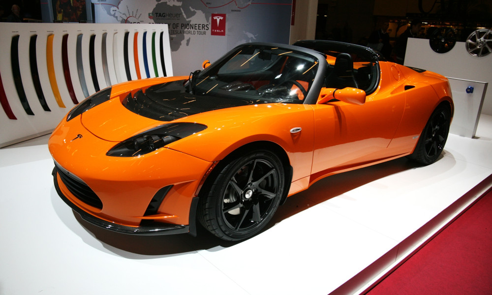 The Tesla Roadster electric car at the Paris Motor Show 2010 at Porte de Versailles, in Paris, France.