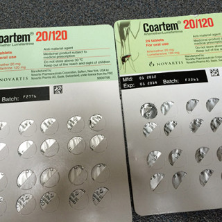 Here are two packagings of the malaria drug Coartem. The one to the right is falsified, which is revealed by the wrongly located batch number.