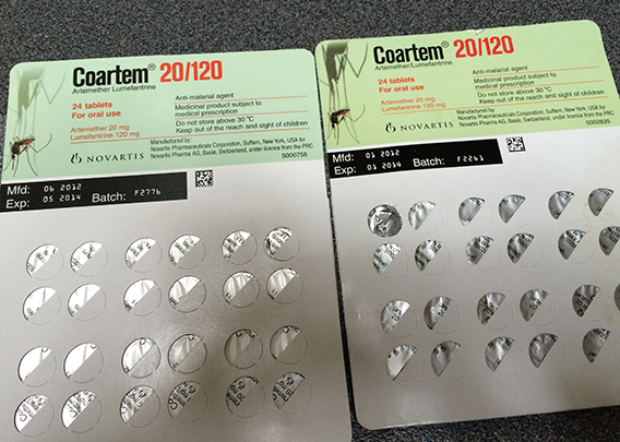 Here are two packagings of the malaria drug Coartem. The one to the right is falsified, which is revealed by the wrongly located batch number.