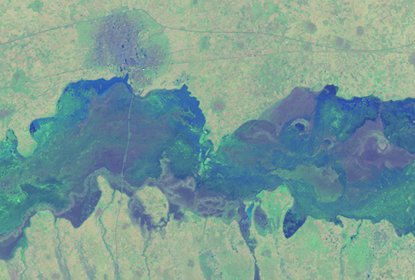 A satellite remote sensing image of an area within the semi-arid Sahel region in Africa, September 2013, based on remote sensing data from Landsat 8 satellite U.S. Geological Survey and NASA.