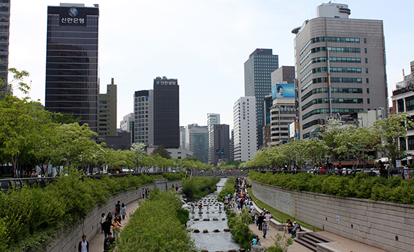 Seoul's Cheonggyecheon River displays how cities can design green space to manage flooding and improve the urban landscape.